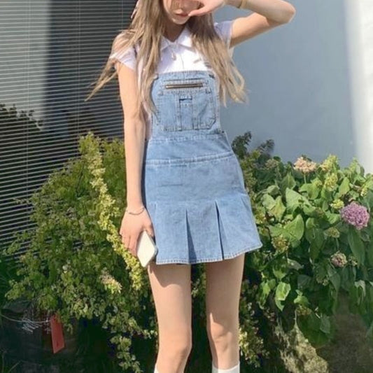 flowersverse Blue Kawaii Denim Women Dress Summer  Harajuku Casual Suspender Pleated Mini Dress Streetwear Chic Korean Fashinon Clothing