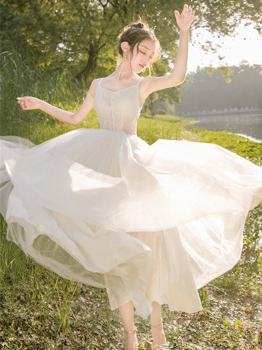 flowersverse Back to school Summer Chic White Fairy Dress Woman Romantic Vintage Lace Mesh Spaghetti Strap Long Design Ballet Dancer Dress Sexy Boho Vestido