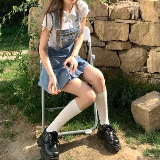 flowersverse Blue Kawaii Denim Women Dress Summer  Harajuku Casual Suspender Pleated Mini Dress Streetwear Chic Korean Fashinon Clothing