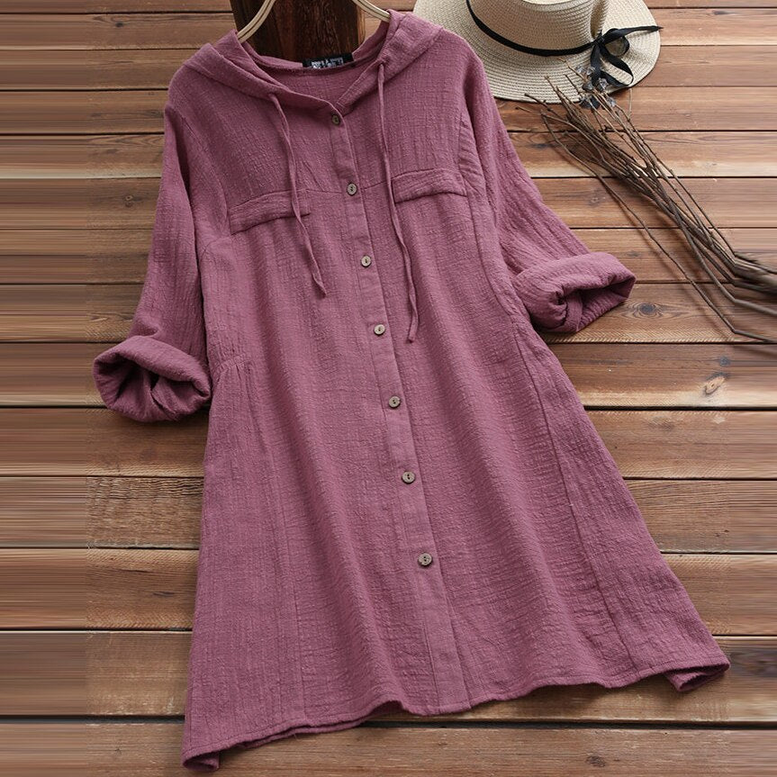 flowersverse 5XL Spring Autumn Clothes Women Casual Cotton Linen Loose Dress Plus Size Crop V Neck Button Long Sleeve Cardigan Dresses Brown