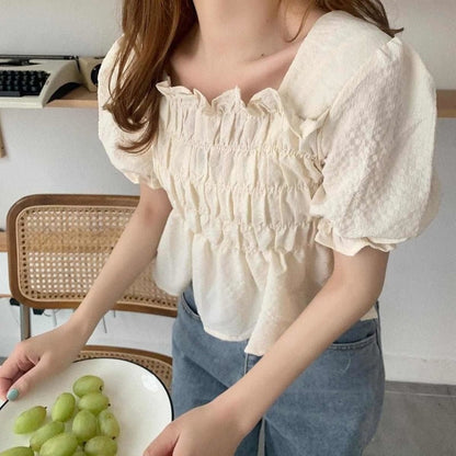 flowersverse Blouses Women Puff Short Sleeve Cropped Solid Simple Korean Style Summer Student Gentle Feminino Tops All-Match Fashion Leisure