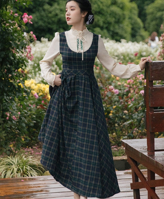 flowersverse Back to school outfit Autumn Cottage Style Plaid Dress Vintage Mori Girl Embroidery Large Size Retro Woman Dresses Preppy Vestido Festa Robe Femme