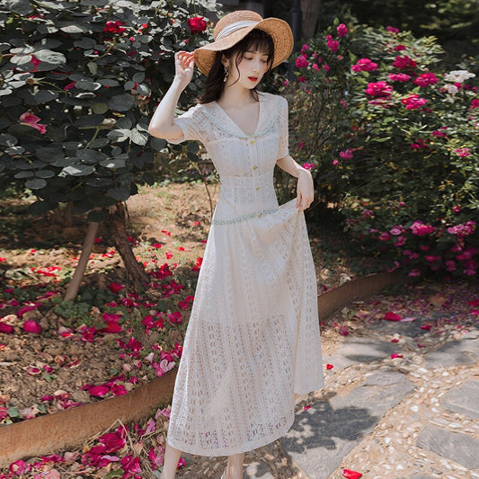flowersverse Back to school outfit Summer Women Lace Fairy Dress For Slim Lady Vintage Cottage Hollow Out Short Sleeve Casual Long Dresses Elegant Vestido Festa