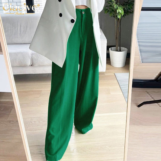 flowersverse Autumn Green Casual Womens Trouser Suits Fashion Loose Pleated Office Ladies Pants Vintage High Waist Pants For Women