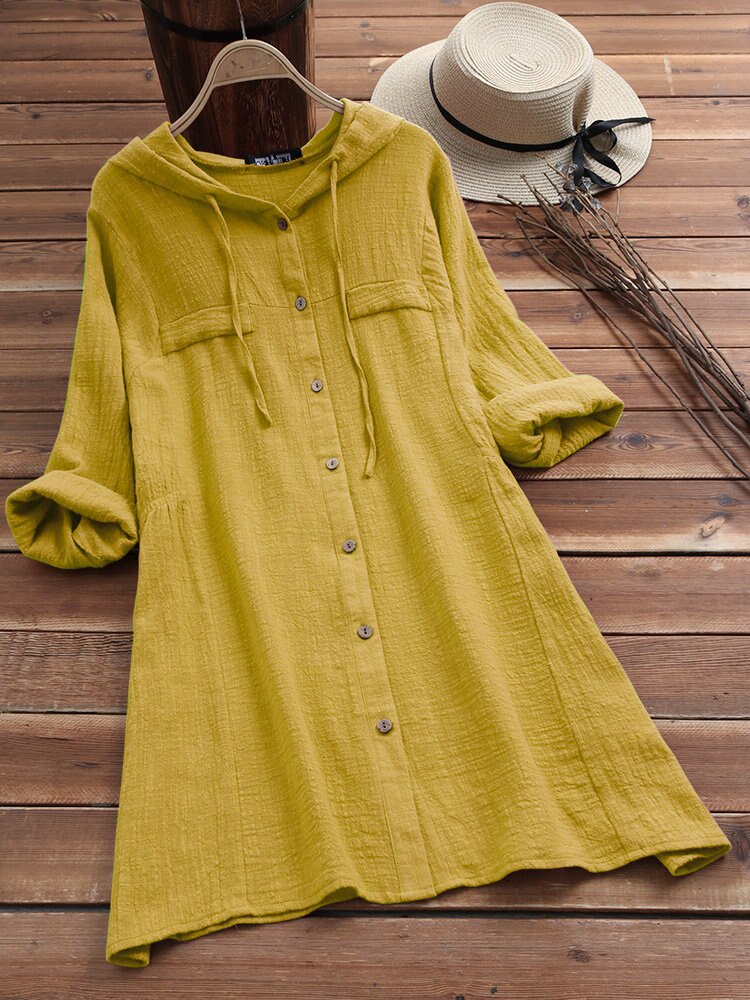 flowersverse 5XL Spring Autumn Clothes Women Casual Cotton Linen Loose Dress Plus Size Crop V Neck Button Long Sleeve Cardigan Dresses Brown