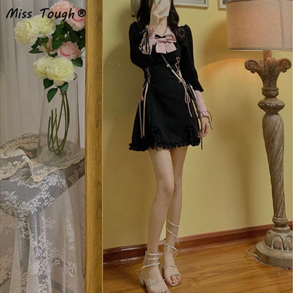 flowersverse Black Princess Elegant Dress Women High Waist Slim Kawaii Gothic Dress Autumn Long Sleeve Bow Designer Party Mini Sweet Dress K95