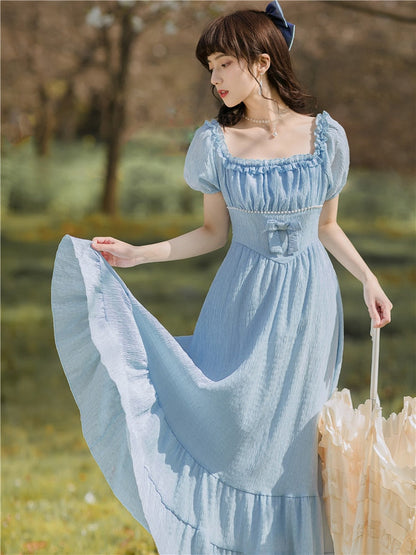 flowersverse Blue Gentle Romantic Fairy Dress Women Ruffled Square Collar Elegant High Waist Beaded Bow Sweet Cute Long Dress Summer  New