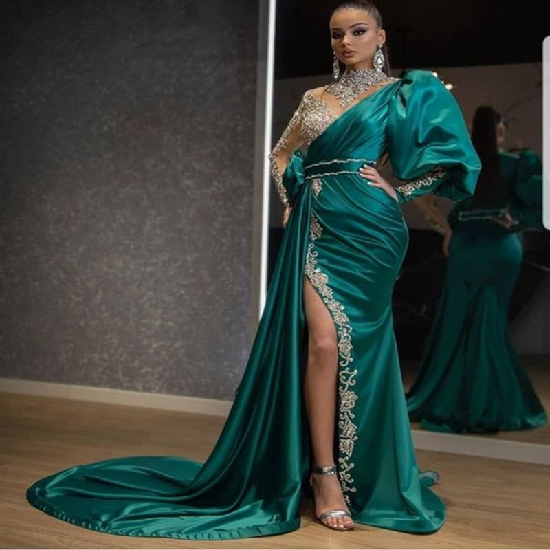 flowersverse Evening Party Dress Women Elegant Beading Side Split Satin Lantern Sleeve Green Wedding Prom Gown Long Maxi Dresses