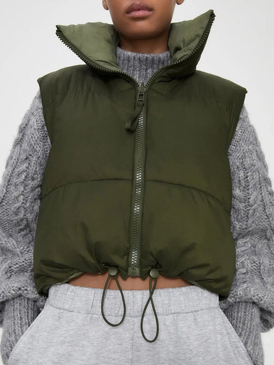 flowersverse Autumn Winter Women Chic Green Pleated Double Wear Vest Jacket Female Fashion Zipper Sleeveless Coat Girls Casual Streetwear