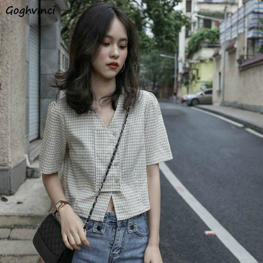 flowersverse Blouses Women Shirts V-Neck Plaid Summer Buttons Sweet Crop Top All-Match Slim Vintage Ulzzang Stylish Elegant Womens Leisure