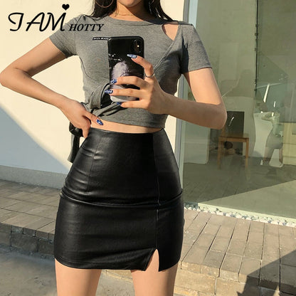 flowersverse Black Split Mini Black Leather Skirt Women Korean Fashion High-waisted Punk Style Bodycon Goth Sexy Skirts Female