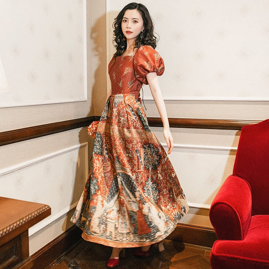 flowersverse Back to school outfit Summer Vintage Royal Long Dress Women Retro Print Puff Sleeve Square Collar Ankle Length Elegant Maxi Dresses For Party Night