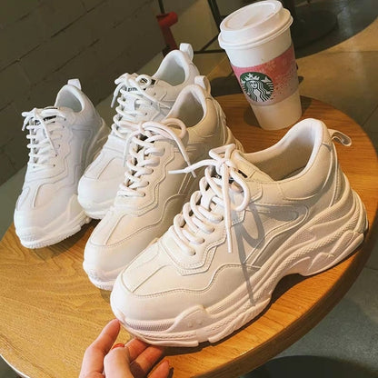 White Women Shoes New Chunky Sneakers For Women Lace-Up White Vulcanize Shoes Casual Fashion Dad Shoes Platform Sneakers Basket