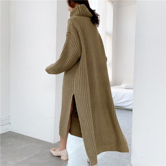 flowersverse Autumn Winter Thick Long Sweater Dress Women Side Slit Turtleneck Low-high Design Over Knee Plus Size Knitted Dress