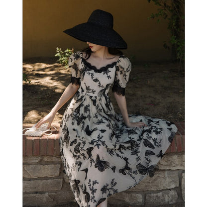 flowersverse Back to school outfit Summer Vintage Embroidery Butterfly Mesh Dresses French Style Slash Neck Puff Sleeve Princess Dresses For Elegant Slim Women