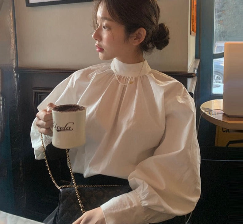 flowersverse Back to school outfit Women Shirt  Spring Autumn Korean Chic Ladies Minimalist Stand-Up Collar Back Single-Breasted Lantern Sleeve Blouse