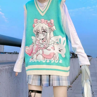 flowersverse Autumn Anime Print Sweater Vest Women Kawaii Cartoon Colorblock Knitted Tank Loose V Neck Sleeveless Sweaters Female