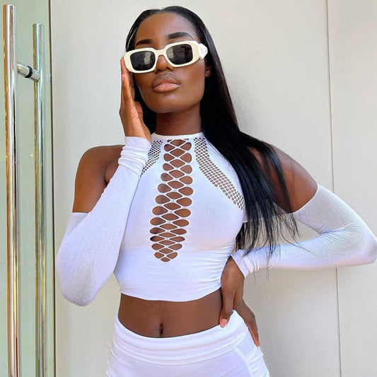 flowersverse Back to college   Long Sleeves Solid Hollow Out Bandage   Crop Top Summer Autumn Women Fashion Outfits Tshirts Club Tees