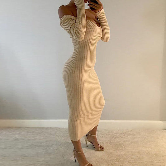 flowersverse  Spring Autumn   Deep V-Neck Casual Knitted Dress Women Fashion Long Sleeve Sweater Dresses   Package Hip Long Dress