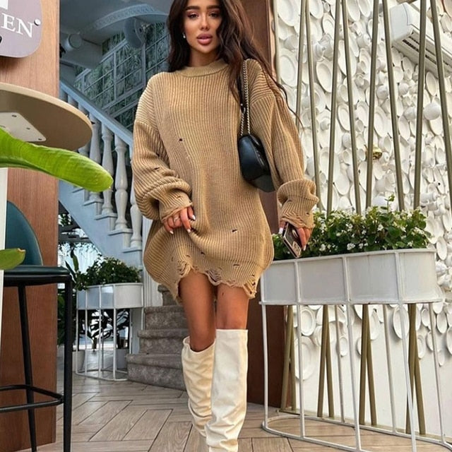 flowersverse Autumn Winter Women Knitted Sweater Long Sleeve Sexy Hole Asymmetric Hem Loose Pullover Elegant Street Casual Sweaters Dresses