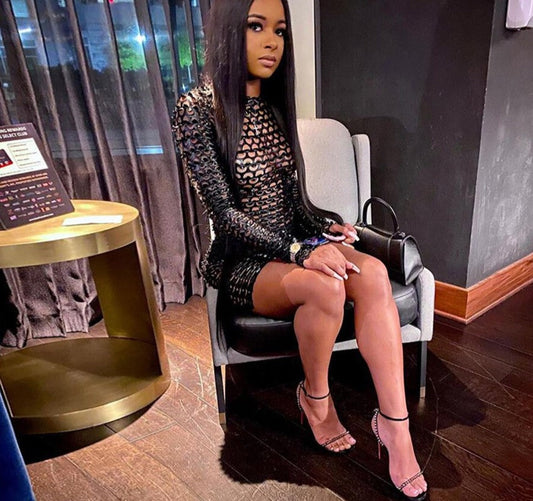 Fashion Weave Cross Hollow Shining See-through Mini Dresses   Backless Ruched Club Long Sleeve Mesh Dress Summer