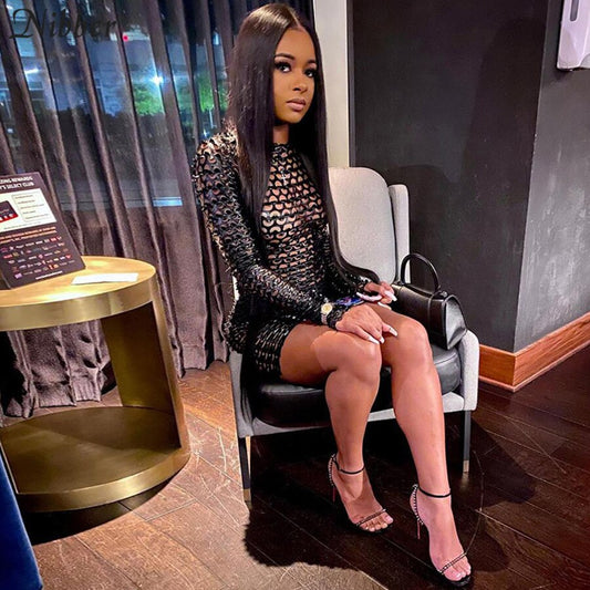 Fashion Weave Cross Hollow Shining See-through Mini Dresses   Backless Ruched Club Long Sleeve Mesh Dress Summer  -0519