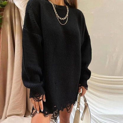 flowersverse Autumn Winter Women Knitted Sweater Long Sleeve Sexy Hole Asymmetric Hem Loose Pullover Elegant Street Casual Sweaters Dresses