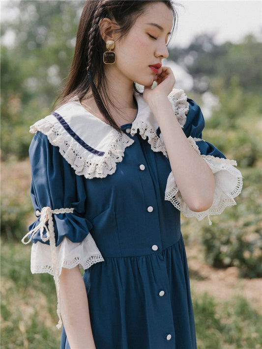 flowersverse Back to school  Vintage Women Blue Dress Sweet Peter Pan Collar Lace Flare Sleeve Long Maxi Dresses For Slim Lady Mori Girl Vestidos Faldas