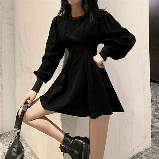 flowersverse Autumn Black Mini Dress  Spring Fashion Korean Style Wrap Long Sleeve Pleated Dress Casual Wrap Streetwear Women Kpop
