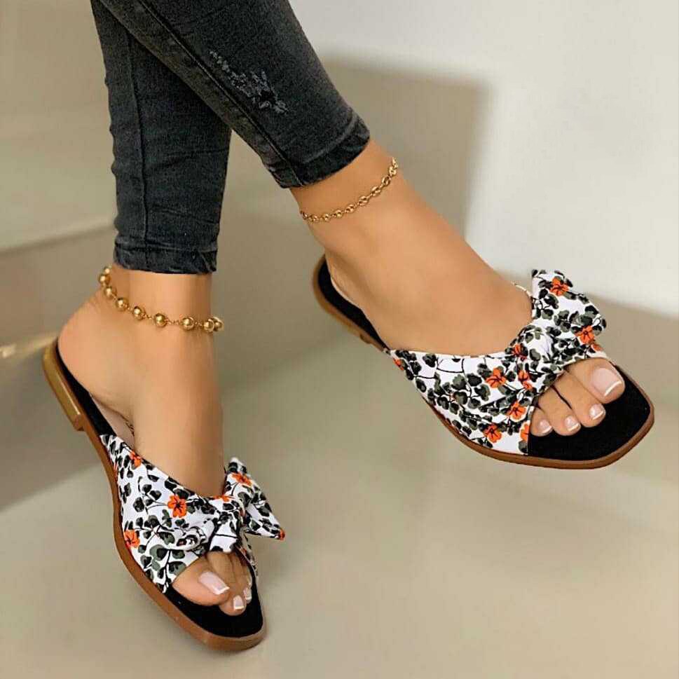 Women Summer Bow slippers Flats Shoes Woman Bohemia Beads Flowers Cross Lace Sandalias Mujer Sapato Feminino D604