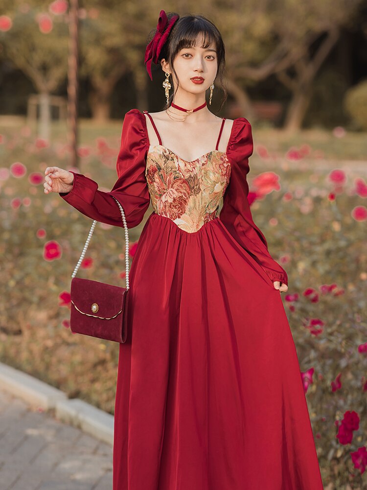 flowersverse Back to school outfit Retro Oil Painting Jacquard Red Dress Woman Vintage Sweetheart Neck Strap Long Sleeve Princess Dresses Party Robe Rouge Femme