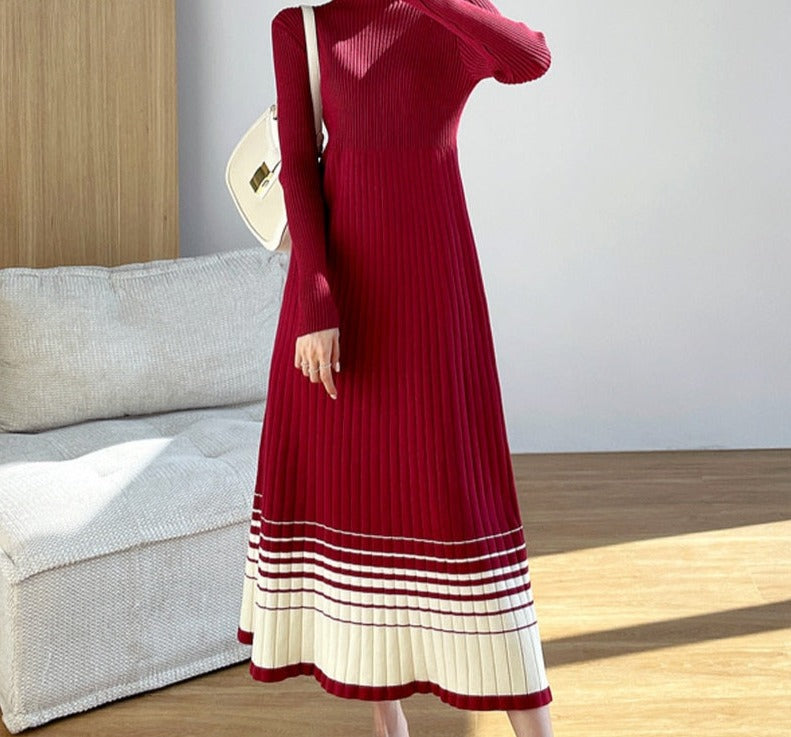 flowersverse Autumn Winter Half Turtleneck Women Dress Long Sleeve A-line Female Sweater Dress Ladies Knitting Vestidos