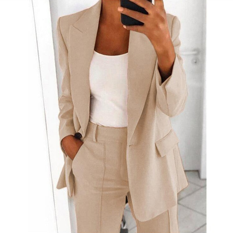 flowersverse  Summer Autumn Solid Blazer Coat Notched Long Sleeve Cardigan Button Casual Jacket Suits Office Lady Black Blazers