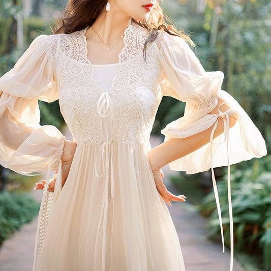 flowersverse Back to school outfit French Vintage Lace Fairy Dress Romantic Woman Apricot Lace Lantern Sleeve Long Maxi Dresses Princess Party Night Vestido Festa