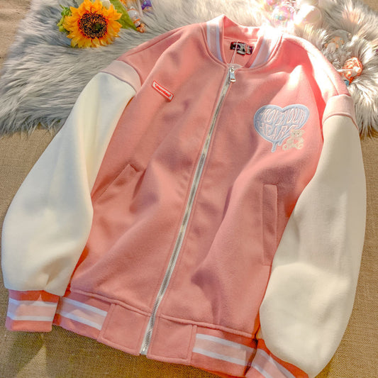 flowersverse American Oversize Jacket Women Love Bear Embroidery Jacket Female Baseball Uniform Autumn Loose Zipper Coats
