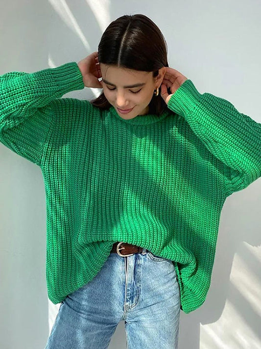 flowersverse Autumn Winter Women Sweater Solid Knitted Thick Oversized Basic Pullovers Female Round Neck Long Sleeve Casual Loose Clothes Top