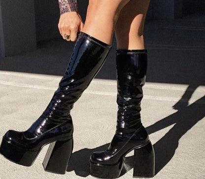 flowersverse Christmas Gift Women Cool Knee High Boots Goth Zipper Design Cool Lace Up Chunky Heel High Quality Shoes Woman Fashion Popualr Big Size 45