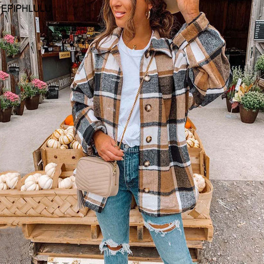 flowersverse Autumn Plaid Jacket Women Long Overshirt Checkered Jacket Woman Female Long Sleeve Winter Shirt Jackets Coats For Women