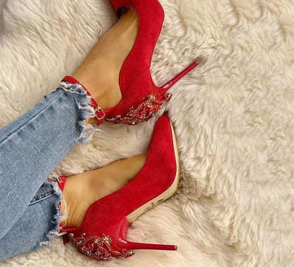 flowersverse Back to College Fashion 10CM High Heels Pumps Women Luxury Design Pumps Pointed Toe Heels Metal Crystal Shoes