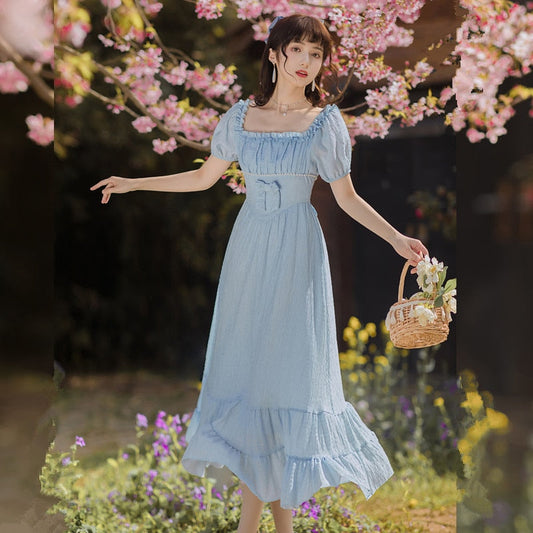 flowersverse Blue Gentle Romantic Fairy Dress Women Ruffled Square Collar Elegant High Waist Beaded Bow Sweet Cute Long Dress Summer  New