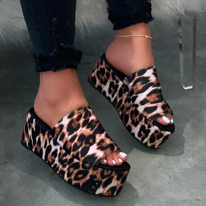 flowersverse   High-heeled Women Flatform Slippers Summer New   Leopard Print Thick with Slides Women Large Size Shoes Woman Wedges Slipper 0823