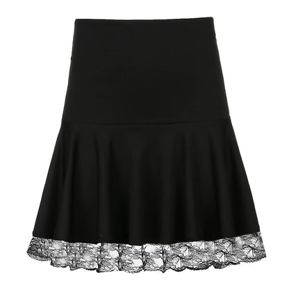 flowersverse Basic Versatile Stretchy High-waisted Lace Stitching Short Skirt Casual Vintage Harajuku Women  Black Mini Skirt