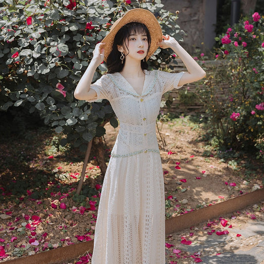 flowersverse Back to school outfit Summer Women Lace Fairy Dress For Slim Lady Vintage Cottage Hollow Out Short Sleeve Casual Long Dresses Elegant Vestido Festa