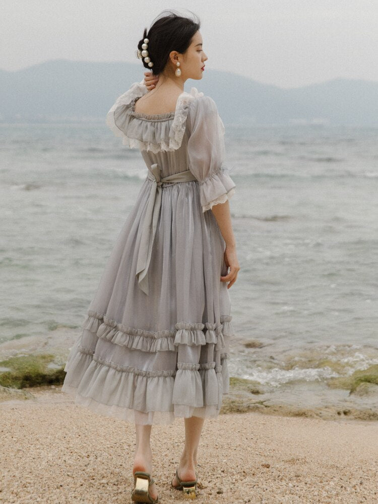 flowersverse Back to school outfit Cottage Style Gray Lace Fairy Dress Summer Vintage Royal Flare Sleeve Square Collar Gorgeous Princess Dresses Tulle Vestido