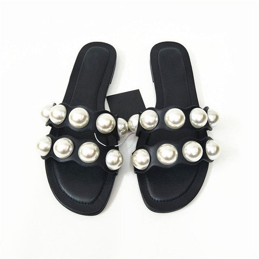 flowersverse Fashion Flat Slippers Party  shoes Fulgurant Pearl Sandals thin Belt Roman Flat Women Flip Flops Casual Beach