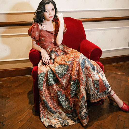 flowersverse Back to school outfit Summer Vintage Royal Long Dress Women Retro Print Puff Sleeve Square Collar Ankle Length Elegant Maxi Dresses For Party Night