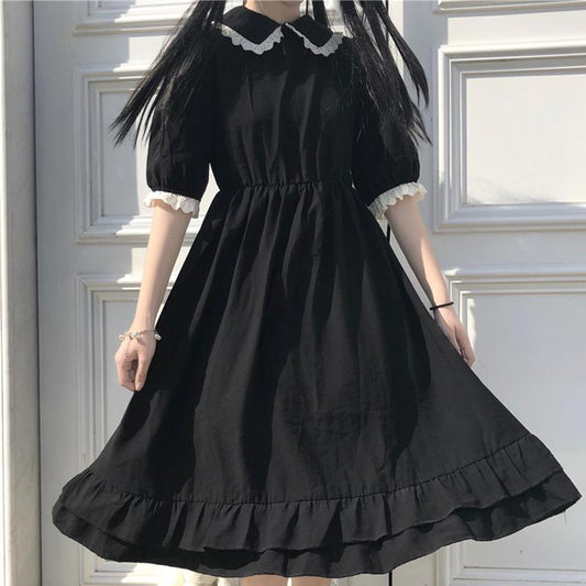 flowersverse Autumn Black Kawaii Lolita Style Dress Mori Girl Fairy Cute Lolita Peter Pan Collar Puff Sleeve Dress  Fashion Women