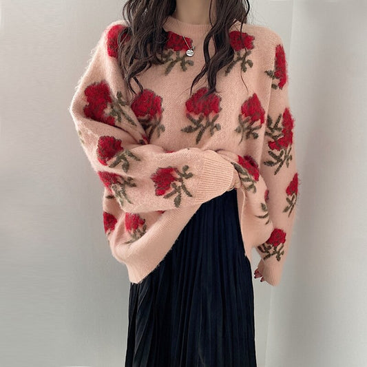 flowersverse Back to school outfit Chic Sweater Woman  Autumn New Korea Elegant Ins Fashion O-Neck Flower Print Long Sleeves Versatile Knit Pullover