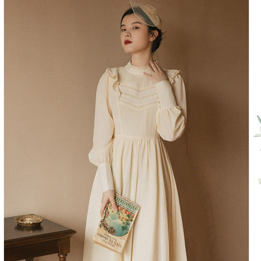flowersverse Apricot Gentle Sweet Princess Dress Fall Lace Stitching Stand-Up Collar Ruffle Puff Sleeve Vestido Femme French Retro Midi Dress