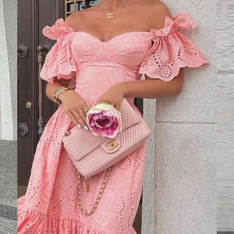 Graduation Gift Big Sale Women   Hollow Out Solid Ruffles Dress Summer Loose Lace Patchwork Casual Dress Elegant Strapless Party Dresses Vestidos